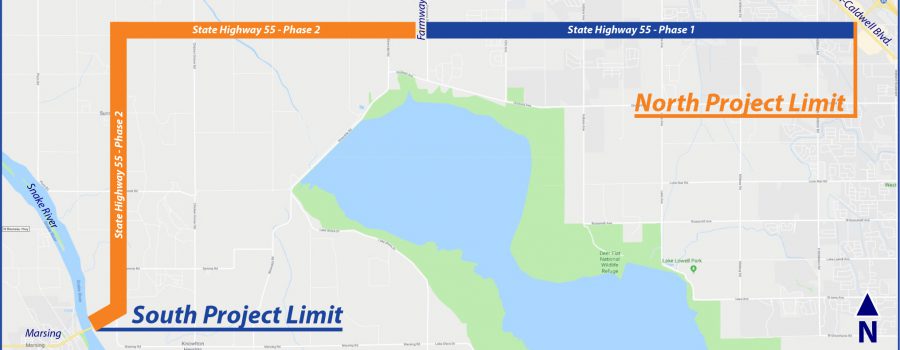 Map of seal coat project on ID-55 from Nampa to Marsing