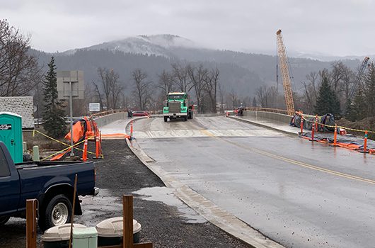 A truck crosses the railroad bridge on ID-3 in St. Maries after its reopening in Jan. 2019.