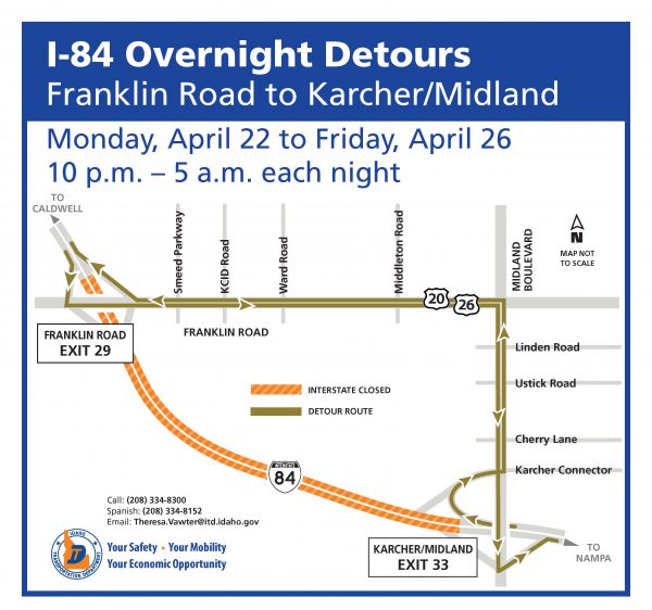 Detour map for I-84 overnight closures