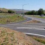 Picture showing the existing spacing of the westbound right-turn lane into the east entrance of Aht'Wy Plaza on US-12 in Lewiston.