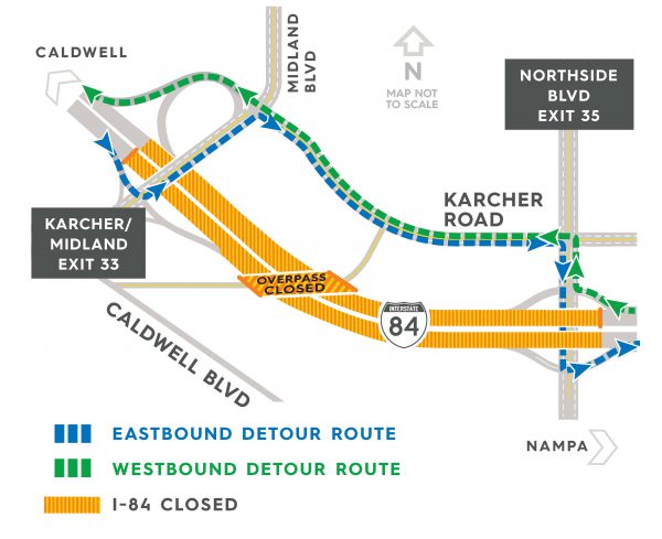 Detour map of I-84 in Nampa