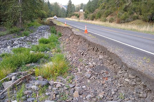 Eroded shoulder on ID-162 near Kamiah in August.