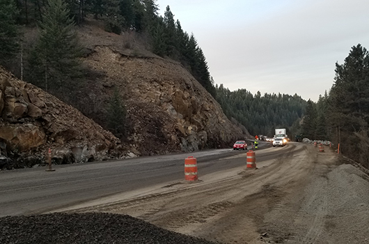 Picture showing flagger on US-95 in Culdesac Canyon in November 2019