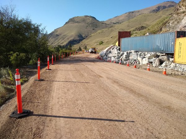 A temporary road is ready around the slide on US-95 at milepost 188.