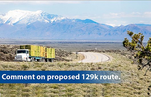 Graphic of truck on highway with text reading Comment on proposed 129k route