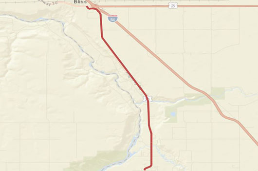 Map image of construction zone on US-30 from Bliss to Hagerman
