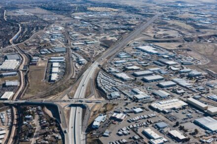 An aerial view of I-84 through Boise