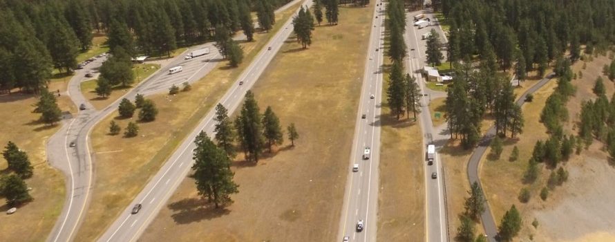 Drone shot of both exits for the Huetter Rest Area between Post Falls and CDA