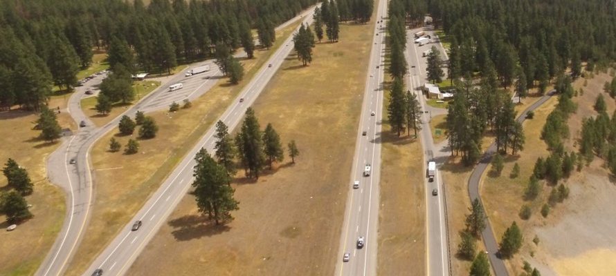 Drone shot of both exits for the Huetter Rest Area between Post Falls and CDA
