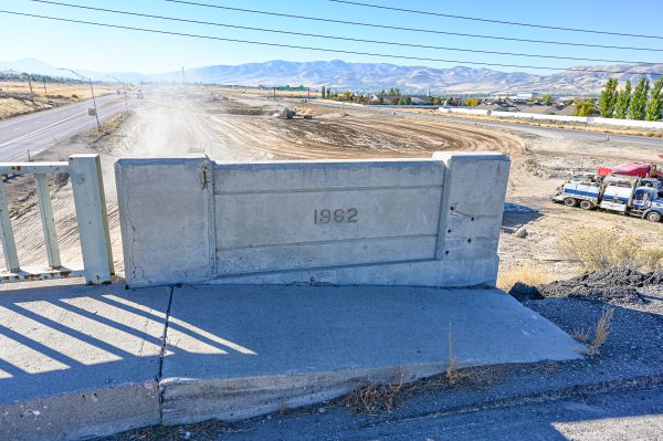 View of concrete rail on Chubbuck Road showing the date 1962