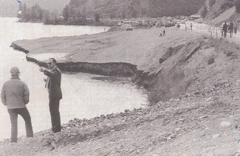Black and white photograph of slide area