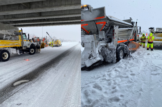 Side-by-side images of a disabled plow on the side of the road.