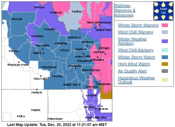 Weather map showing weather warnings throughout East Idaho