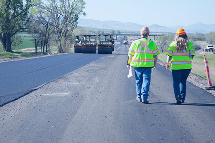 Two women in hard hats and vests facing away.