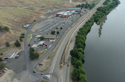 An aerial view of the US-12 Aht'Wy Interchange and looking over the plaza.