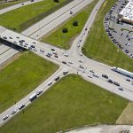 Drone shot of afternoon traffic on the interchange