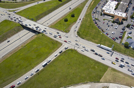 Drone shot of afternoon traffic at the I-90 US-95 Interchange.