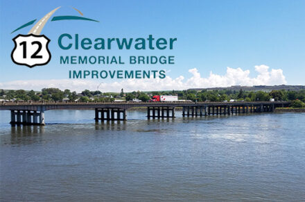 "Clearwater Memorial Bridge Improvements Open House" logo over a picture of the US-12 Clearwater Memorial Bridge.