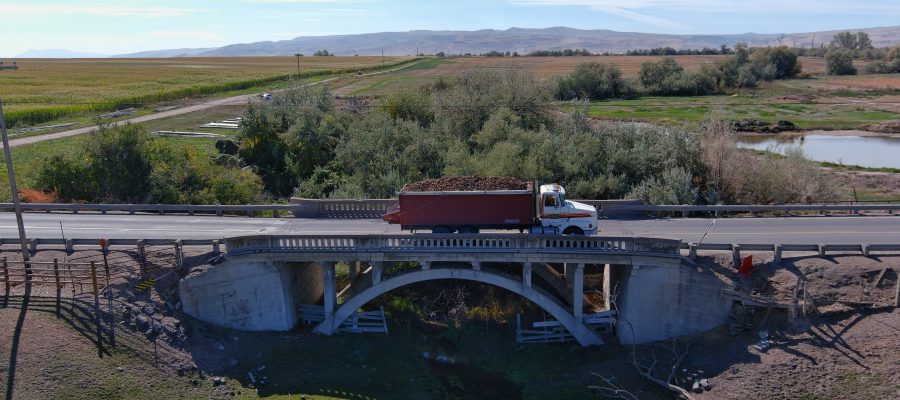 A truck crosses an old bridge near Murtaugh