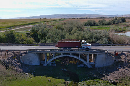 A truck crosses Dry Creek Bridge near Murtaugh US 30