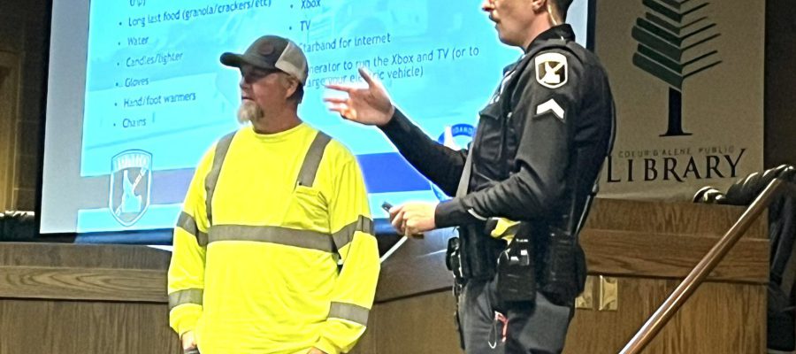 ISP Trooper and ITD plow driver teaching during a winter driving safety class in Coeur d'Alene