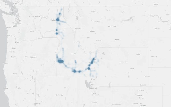 This heat map depicts all crashes (all severity types) across Idaho from January 1, 2018, through December 31, 2022.