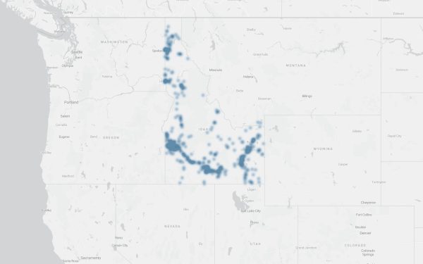 This heat map depicts crashes with unbelted fatalities across Idaho from January 1, 2018, through December 31, 2022.