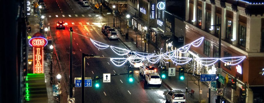 Idaho street in Boise with Christmas lights.