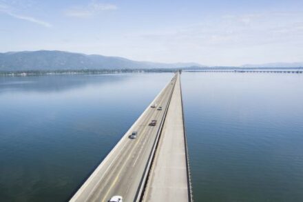 A long bridge on a lake,
