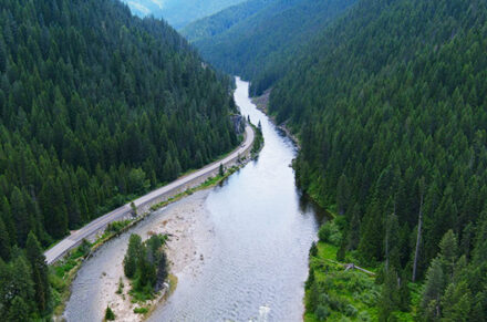 Aerial view of the US-12 highway next to the Lochsa River.