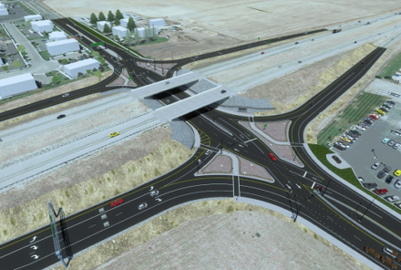 US-20 Exit 333 Rexburg Digital aerial view rendering of the diverging diamond interchange planned for construction in 2024
