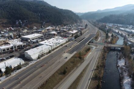 Aerial view of I-90 over the Division Street Bridge in Kellogg, looking east.