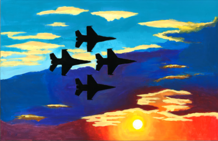 A drawing of four fighter planes with a sunset in the background.