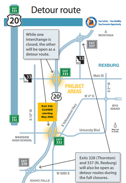 Basic map of detour options during closure of Exit 332 in Rexburg
