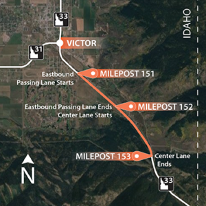 SH-33 Teton Mobility Corridor simple map indicating where a passing and center turn lane will be constructed south of Victor