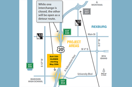 US-20 Rexburg Exits graphic map of expected closures and timing for new interchange designs to be constructed