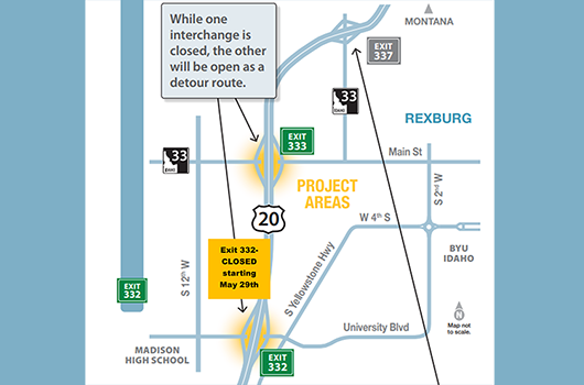 US-20 Exit 332 in Rexburg to fully close Wednesday, May 29 for construction