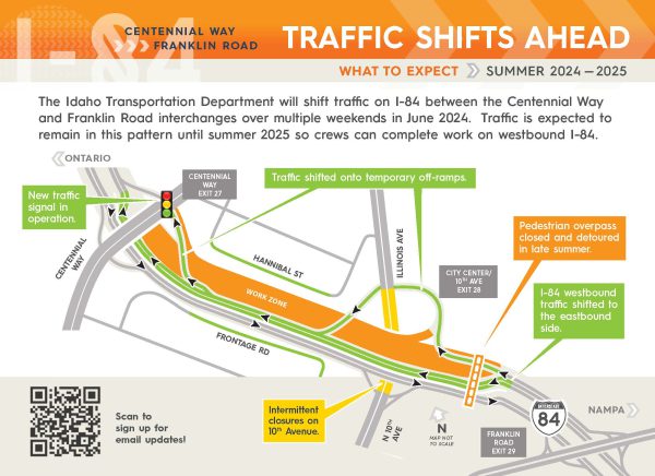 A major Interstate 84 traffic shift will begin on Saturday June 8 as ITD prepares to widen westbound I-84 between the Centennial Way and Franklin Road interchanges.
