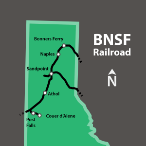 Graphic map of the BNSF railway through north Idaho