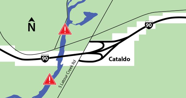 Graphic map depicting the restriction zone for the CDA River near I-90 in Cataldo