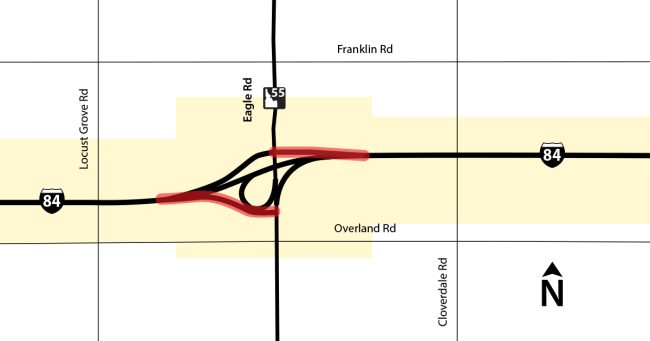 Overnight closures set to begin Monday at I-84 Eagle Road Interchange for ramp paving