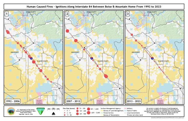 Map from BLM to show the reduction in large fire on I-84 corridor between Mountain Home and Boise.