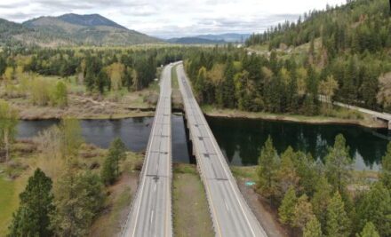 Aerial view of the CDA river beneath I-90 near Cataldo