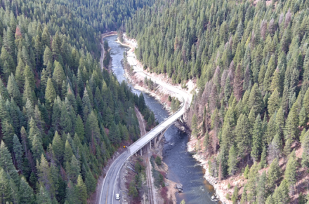 An aerial view of Rainbow Bridge in Valley County
