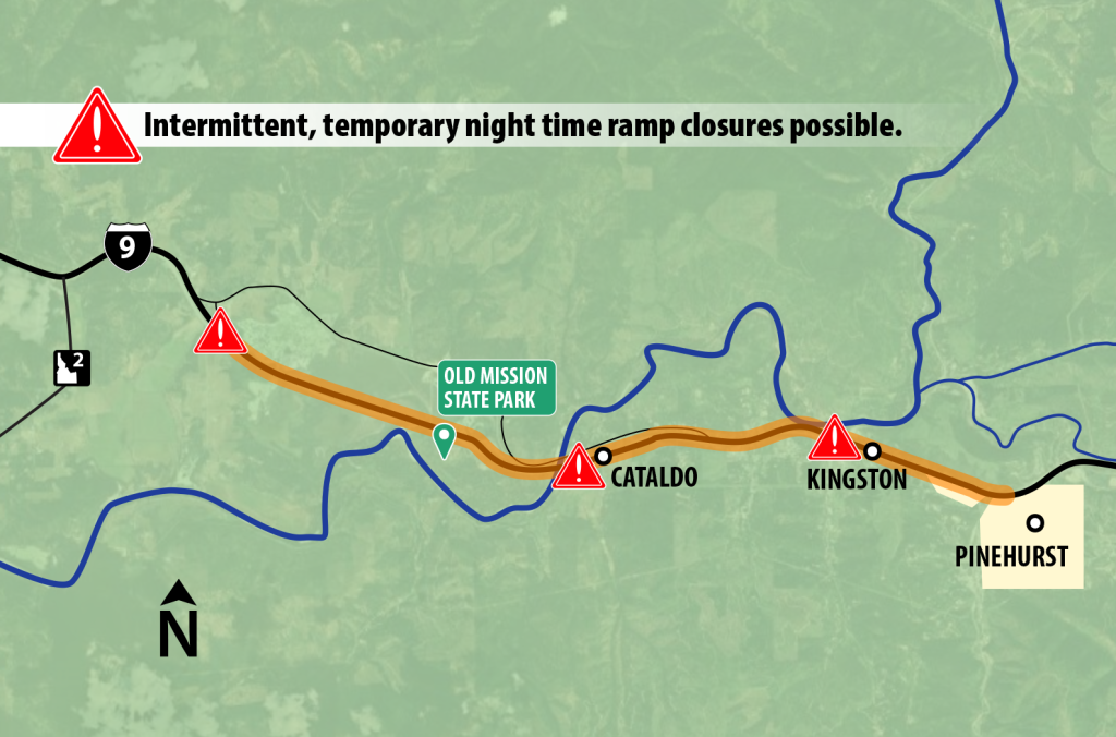 Lane closures on I-90 between Cataldo and Pinehurst begin Thursday for paving