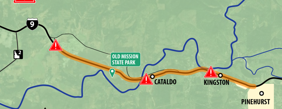 Map of I-90 work zone between Cataldo and Pinehurst