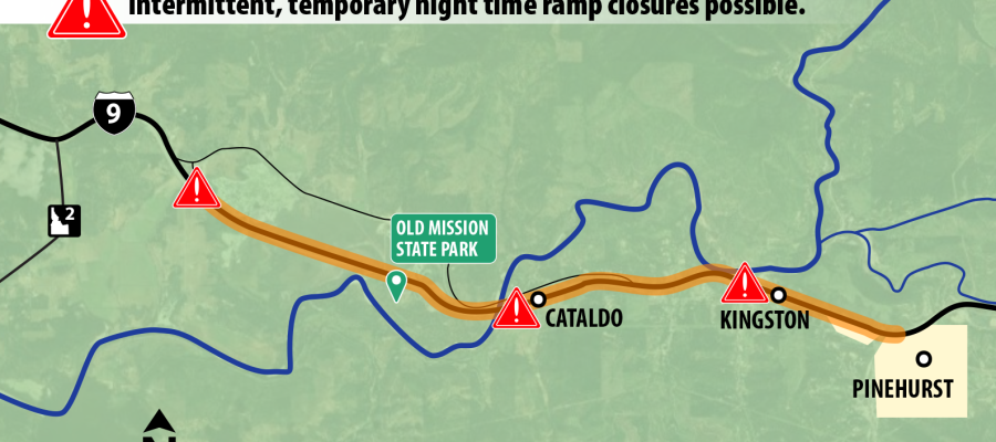 Map of I-90 work zone between Cataldo and Pinehurst