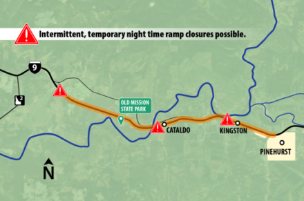 Map of I-90 work zone between Cataldo and Pinehurst