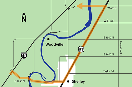 Map showing I-15 detour on US-91 for Woodville construction