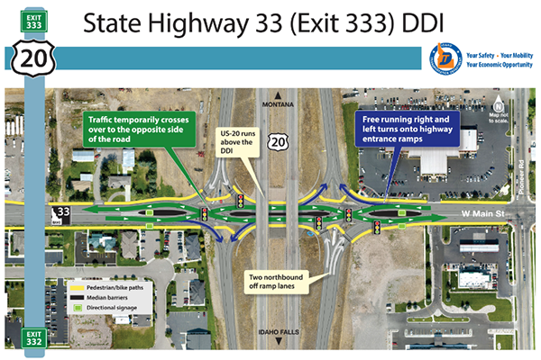 Aerial map and graphic descriptions of how to drive the diverging diamond traffic pattern at Rexburg Exit 333